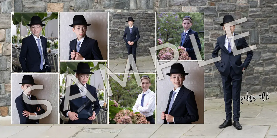 Sample bar mitzvah album spread designed by Memories Worth Holding (marked SAMPLE)
