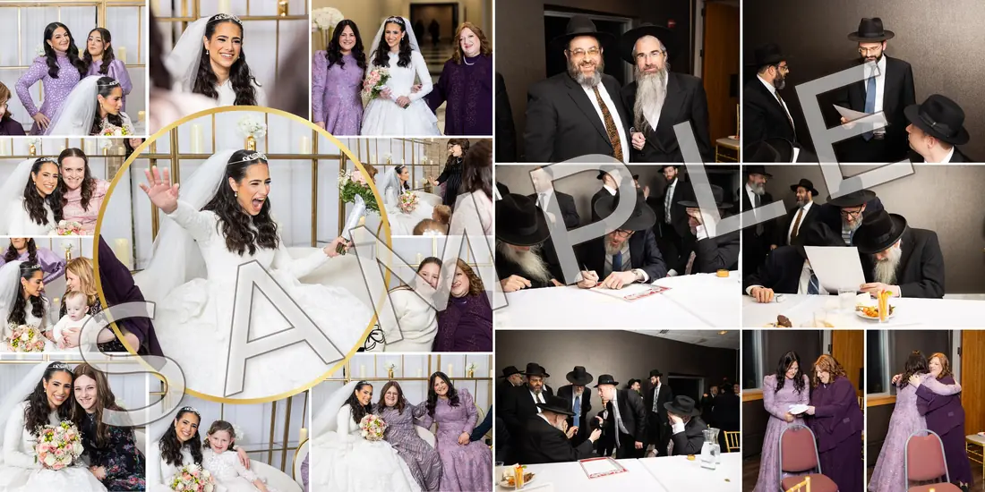 Sample wedding album spread designed by Memories Worth Holding (marked SAMPLE)