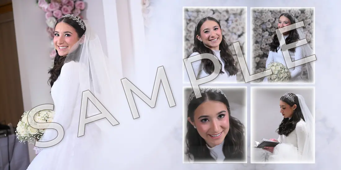 Sample wedding album spread designed by Memories Worth Holding (marked SAMPLE)